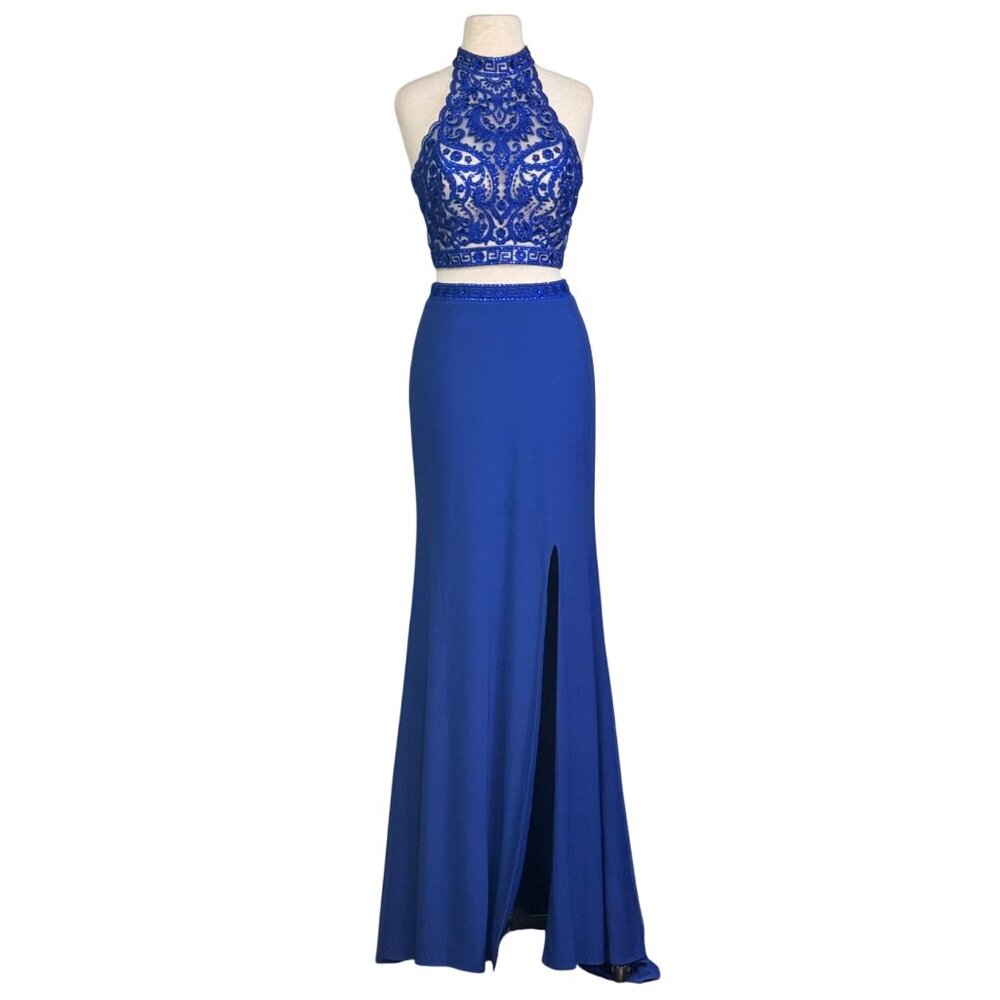 Gigi Royal Blue Crystal & Embroidered Two-Piece Halter Style Prom Dress Size 6